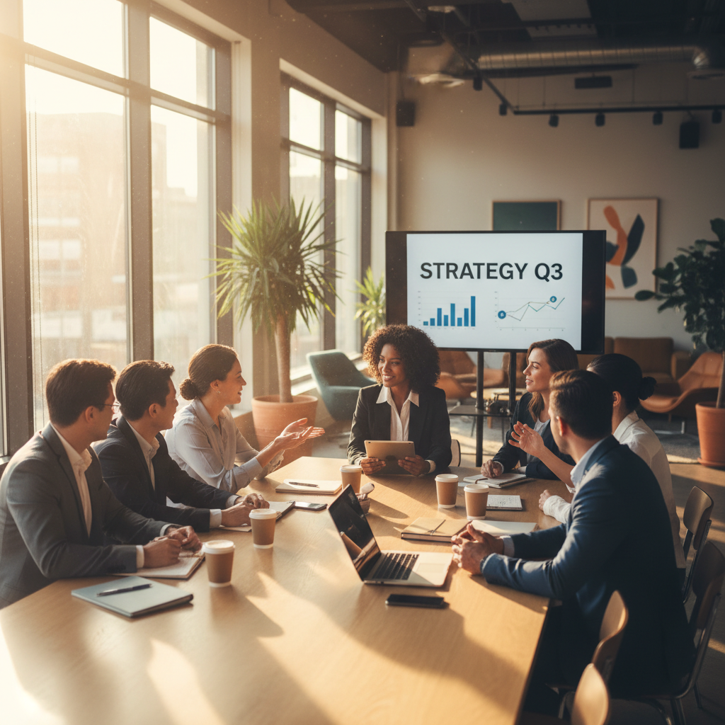 Professional team collaborating in modern workspace